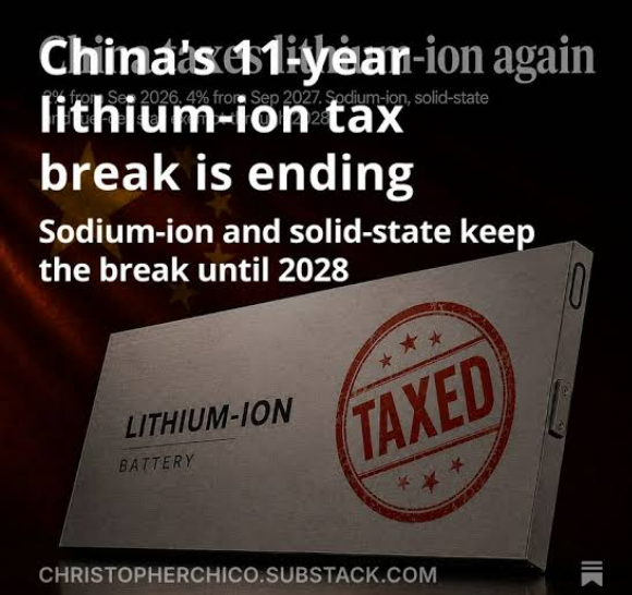 China impose consumption tax on Lithium batteries from September 1, 2026